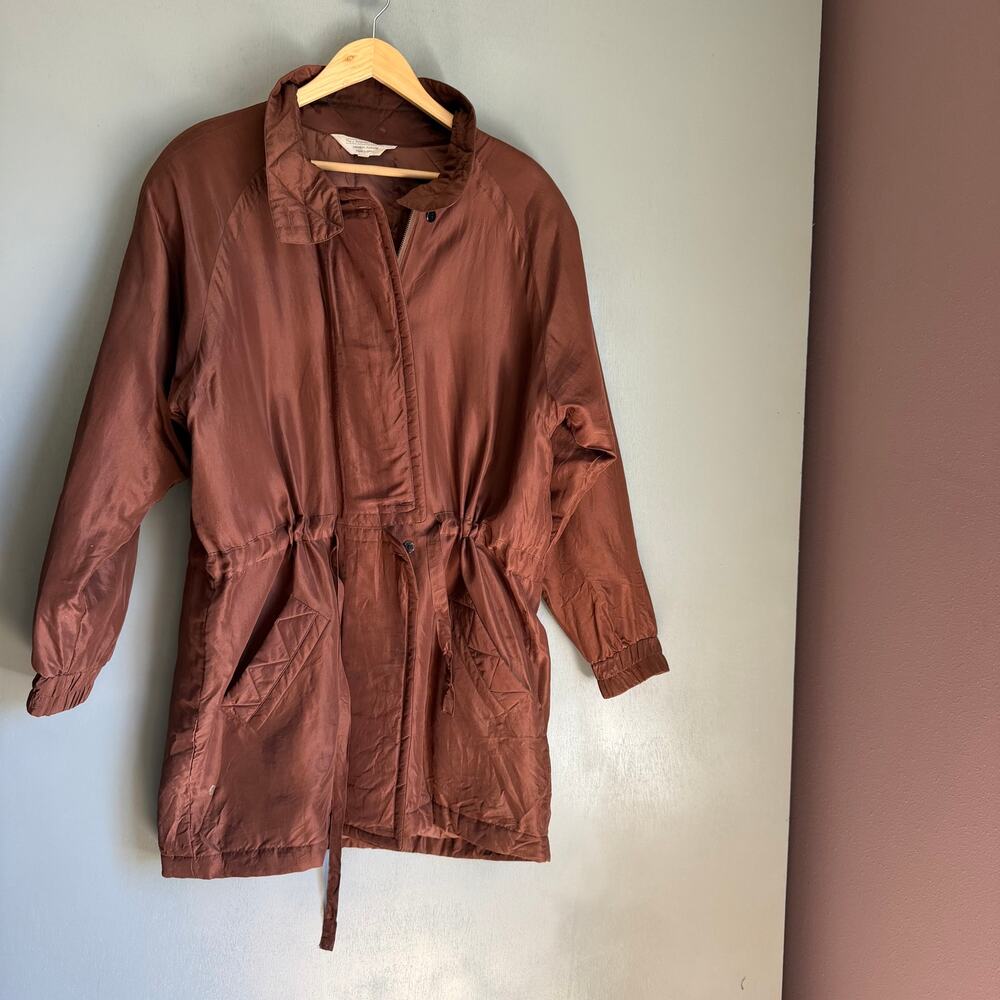 Vintage THE J PETERMAN CO Women's Med Brown Silk Anorak Cinch Waist Jacket Retro